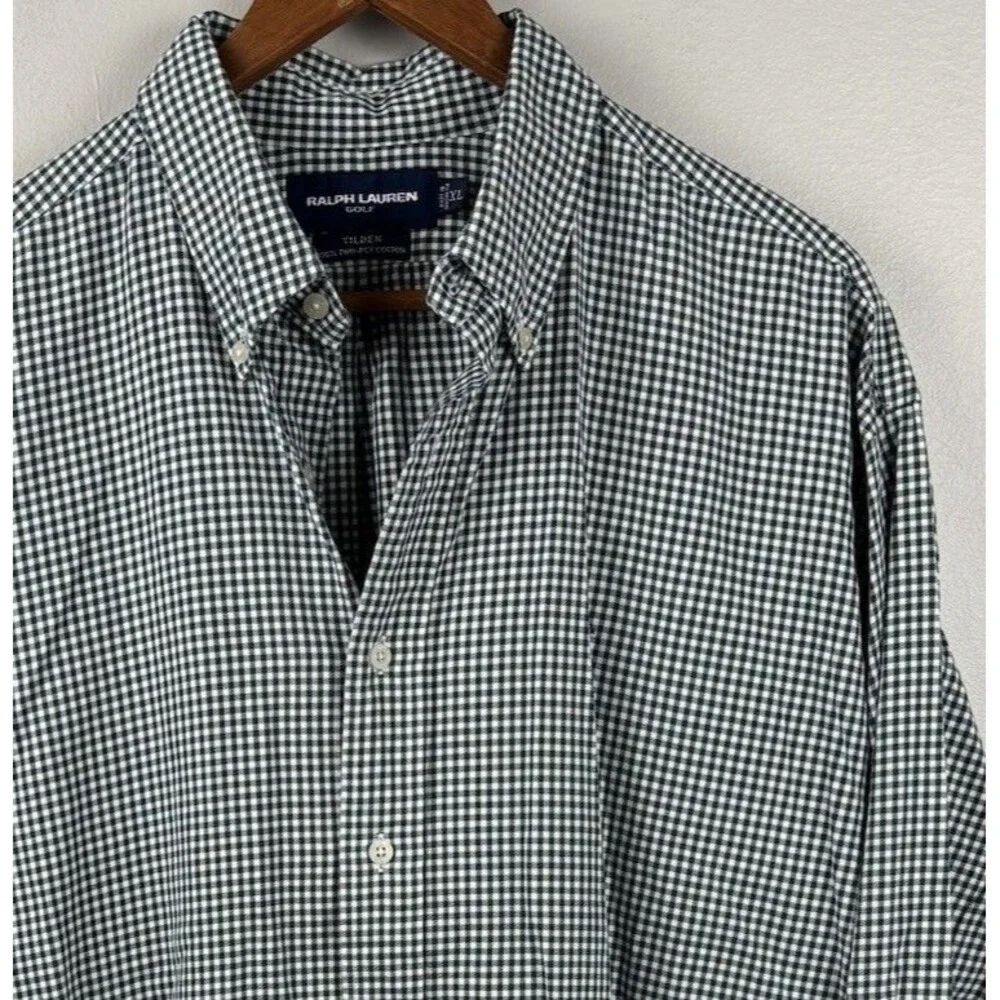 Ralph Lauren Golf Button Shirt Green Gingham Plaid Blue Pony Crest XL Tilden LS